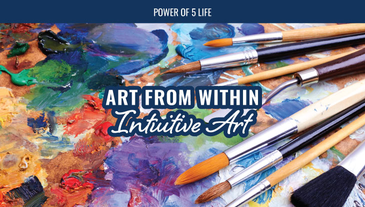 intuitive art blog post graphic featuring an artist's oil paint palette with paint brushes